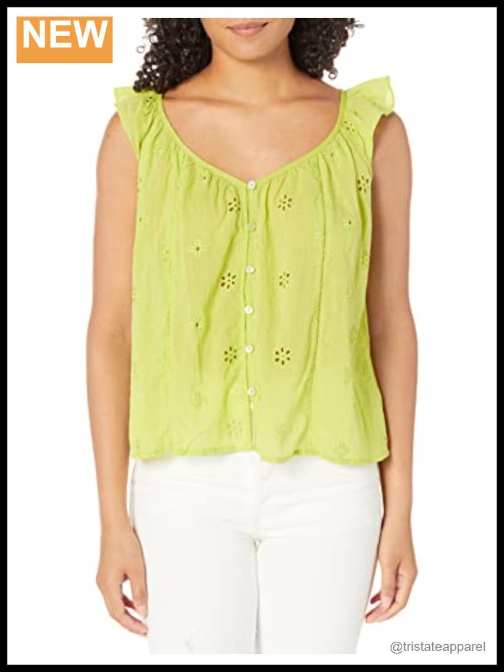 Cotton Eyelet Ruffle Sleeve Button-Up Blouse V-Neck